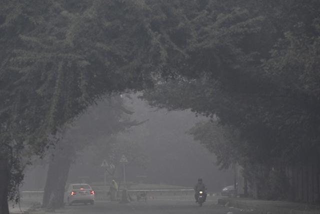 Commuters ride along a road amid dense smog in Lahore on October 30, 2025. (Photo by Arif ALI / AFP)