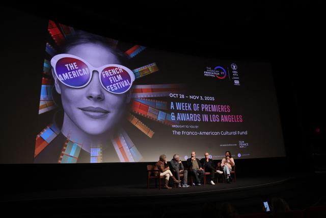(L-R) Translator, moderator and US screenwriter Kevin Bernhardt, French director Cedric Klapisch, French producer Bruno Levy, and French composer Rob (Robin Coudert) take part in a Q&A after the screening of "Colours of Time" at The American French Film Festival (TAFFF) at the Directors Guild of America (DGA) Theater in Los Angeles on October 29, 2025. The 29th edition of The American French Film Festival takes place at the Directors Guild of America (DGA) from October 28 to November 3. (Photo by VALERIE MACON / AFP)