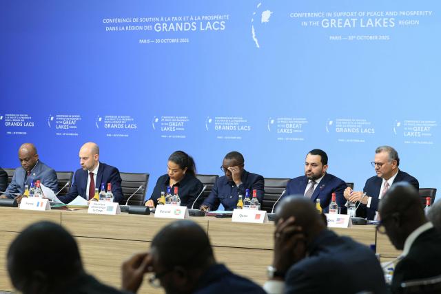 (From L) Togo's Foreign Minister Robert Dussey, France's Foreign Affairs Minister Jean-Noel Barrot, Democratic Republic of the Congo Foreign Minister Therese Kayikwamba Wagner, Burundi's Foreign Minister Edouard Bizimana, Qatar's Minister of State at the Ministry of Foreign Affairs Mohammed bin Abdulaziz Al-Khulaifi and US Department of State's senior advisor to the President for Arab and African Affairs Massad Fares during a conference in support of peace and prosperity in the Great Lakes region, in Paris, on October 30, 2025. The international community gathered in Paris on October 30, 2025 to raise awareness about the dire humanitarian situation in the Great Lakes region, aiming to raise hundreds of millions of euros despite a drastic decrease in international aid, particularly from the United States. (Photo by Alain JOCARD / POOL / AFP)
