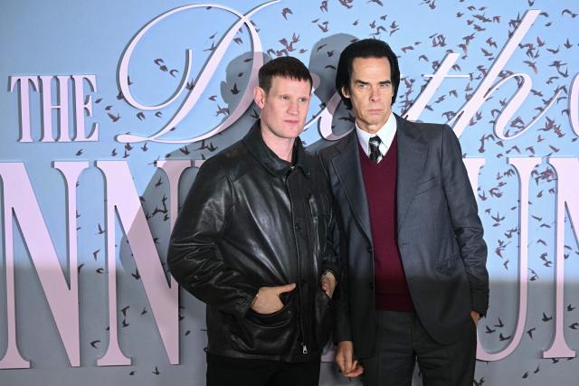 British actor Matt Smith (L) and Australian musician and author Nick Cave (R) pose on the red carpet upon arrival to attend the world premiere of TV series 'The Death of Bunny Munro', based on a novel by Nick Cave of the same name, at the Royal Festival Hall in London on October 30, 2025. (Photo by JUSTIN TALLIS / AFP)