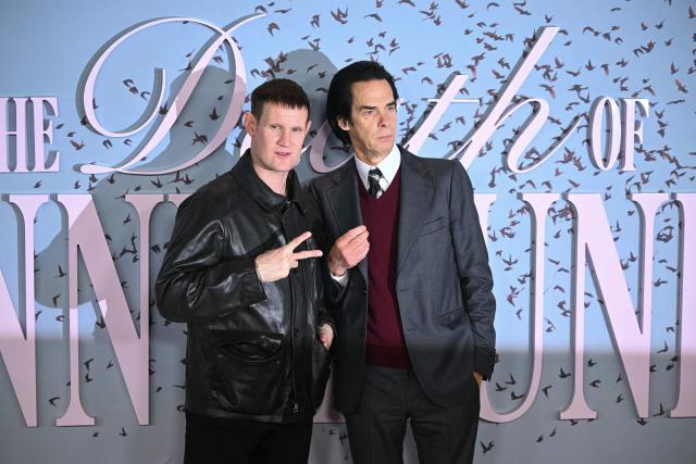British actor Matt Smith (L) and Australian musician and author Nick Cave (R) pose on the red carpet upon arrival to attend the world premiere of TV series 'The Death of Bunny Munro', based on a novel by Nick Cave of the same name, at the Royal Festival Hall in London on October 30, 2025. (Photo by JUSTIN TALLIS / AFP)