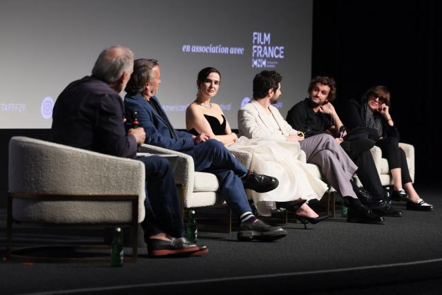 (L-R) US director Taylor Hackford, US director Richard Linklater, US actress Zoey Deutch, French actor Guillaume Marbeck, French actor Aubry Dullin and French producer Michele Halberstadt participate in a Q&A following the premiere screening of Netflixs "Nouvelle Vague" during The American French Film Festival (TAFFF) at the Directors Guild of America (DGA) Theater in Los Angeles, on October 30, 2025. The 29th edition of The American French Film Festival takes place at the Directors Guild of America (DGA) from October 28 to November 3. (Photo by ETIENNE LAURENT / AFP)
