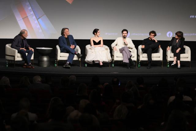(L-R) US director Taylor Hackford, US director Richard Linklater, US actress Zoey Deutch, French actor Guillaume Marbeck, French actor Aubry Dullin and French producer Michele Halberstadt participate in a Q&A following the premiere screening of Netflixs "Nouvelle Vague" during The American French Film Festival (TAFFF) at the Directors Guild of America (DGA) Theater in Los Angeles, on October 30, 2025. The 29th edition of The American French Film Festival takes place at the Directors Guild of America (DGA) from October 28 to November 3. (Photo by ETIENNE LAURENT / AFP)