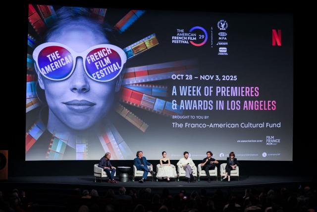 (L-R) US director Taylor Hackford, US director Richard Linklater, US actress Zoey Deutch, French actor Guillaume Marbeck, French actor Aubry Dullin and French producer Michele Halberstadt attend a Q&A following the premiere screening of Netflixs "Nouvelle Vague" during The American French Film Festival (TAFFF) at the Directors Guild of America (DGA) Theater in Los Angeles, on October 30, 2025. The 29th edition of The American French Film Festival takes place at the Directors Guild of America (DGA) from October 28 to November 3. (Photo by ETIENNE LAURENT / AFP)