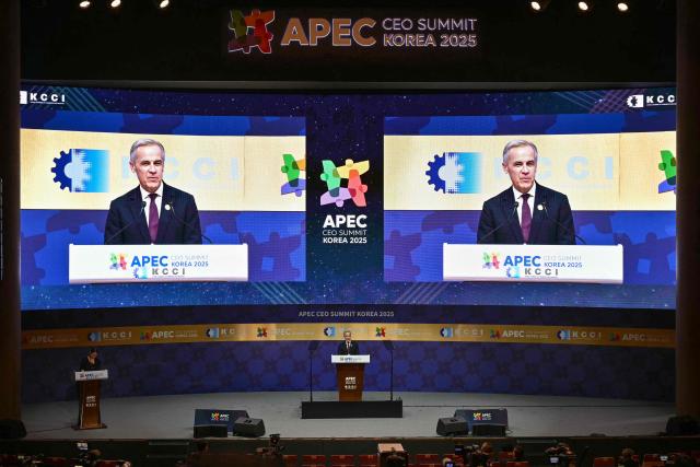 Canada's Prime Minister Mark Carney delivers a speech during the Asia-Pacific Economic Cooperation (APEC) CEO Summit at the Gyeongju Arts Center in Gyeongju on October 31, 2025. (Photo by ANTHONY WALLACE / AFP)
