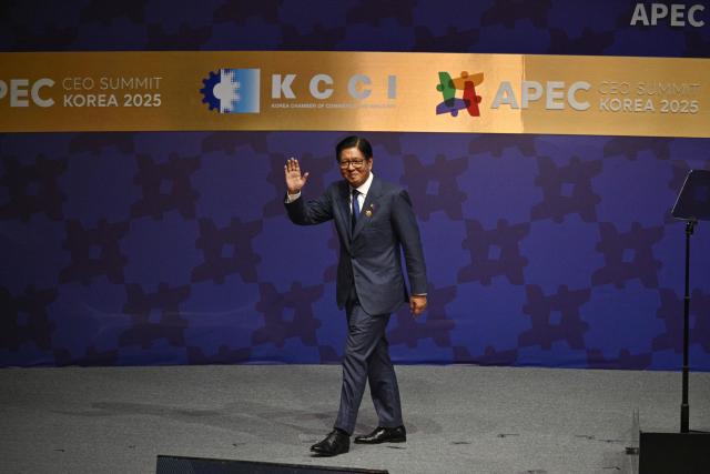 Philippines' President Ferdinand Marcos Jr leaves after delivering a speech during the Asia-Pacific Economic Cooperation (APEC) CEO Summit at the Gyeongju Arts Center in Gyeongju on October 31, 2025. (Photo by ANTHONY WALLACE / AFP)