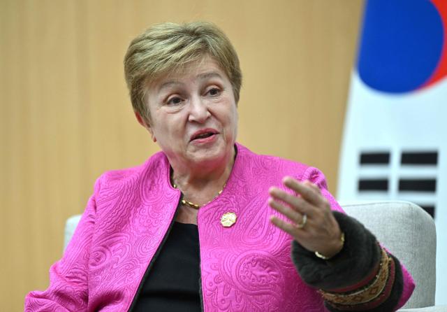 International Monetary Fund (IMF) Managing Director Kristalina Georgieva speaks during a meeting with South Korean President Lee Jae Myung on the sidelines of the Asia-Pacific Economic Cooperation (APEC) summit in Gyeongju on October 31, 2025. (Photo by JUNG YEON-JE / POOL / AFP)