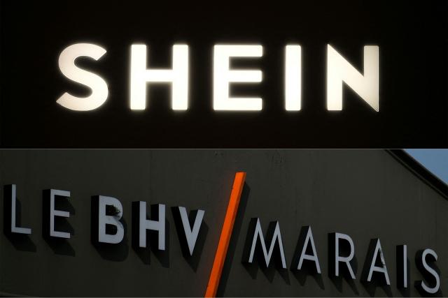 (COMBO) This combination of files pictures created on October 31, 2025 shows the logo Shein during the Urban Ritual fashion show Fall-Winter 2025/26 organized by Chinese fashion giant Shein in Milan, on October 16, 2025 and the logo of the BHV Marais store in Paris, on March 18, 2016. The Asian fast-fashion giant Shein, criticized for its practices, will open its very first permanent physical store on October 31, 2025 at the BHV in Paris, the Société des Grands Magasins (SGM), owner of the BHV, announced on Instagram on October 31, 2025. (Photo by Piero CRUCIATTI and MARTIN BUREAU / AFP)