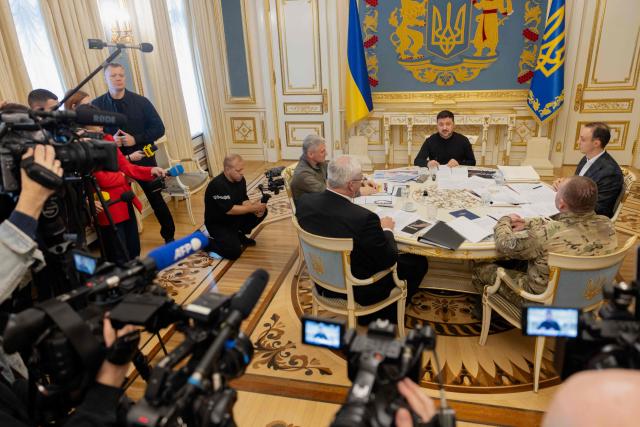Ukraine's President Volodymyr Zelensky (?) speaks during a press conference in Kyiv on October 31, 2025, amid the Russian invasion of Ukraine. (Photo by Tetiana DZHAFAROVA / AFP)