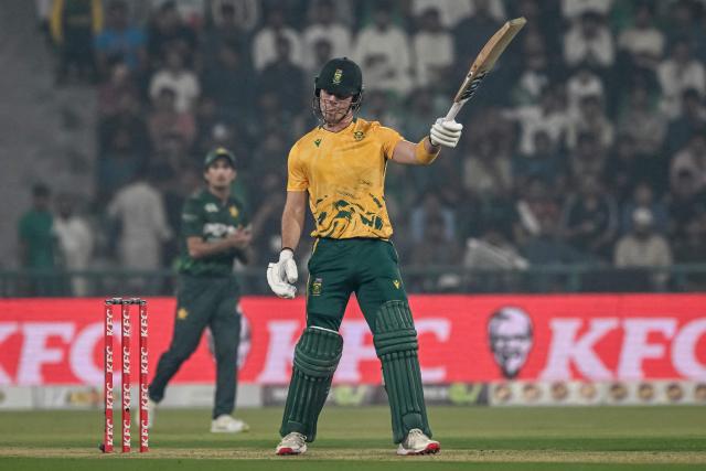South Africa's Dewald Brevis reacts after playing a shot during the second Twenty20 international cricket match between Pakistan and South Africa at Gaddafi Stadium in Lahore on October 31, 2025. (Photo by Farooq NAEEM / AFP)