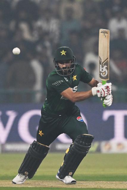 Pakistan's Sahibzada Farhan plays a shot during the second Twenty20 international cricket match between Pakistan and South Africa at Gaddafi Stadium in Lahore on October 31, 2025. (Photo by Farooq NAEEM / AFP)