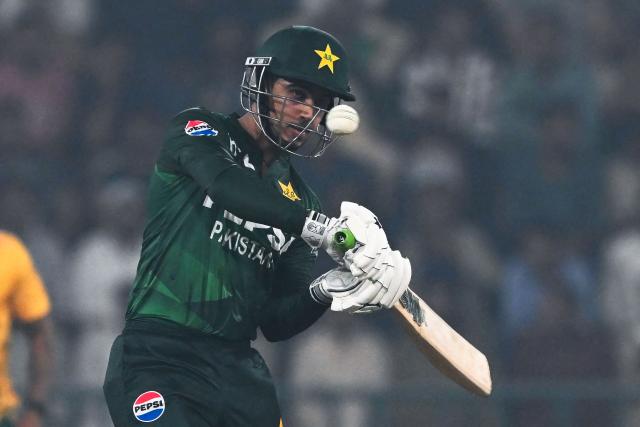 Pakistan's Saim Ayub plays a shot during the second Twenty20 international cricket match between Pakistan and South Africa at Gaddafi Stadium in Lahore on October 31, 2025. (Photo by Farooq NAEEM / AFP)