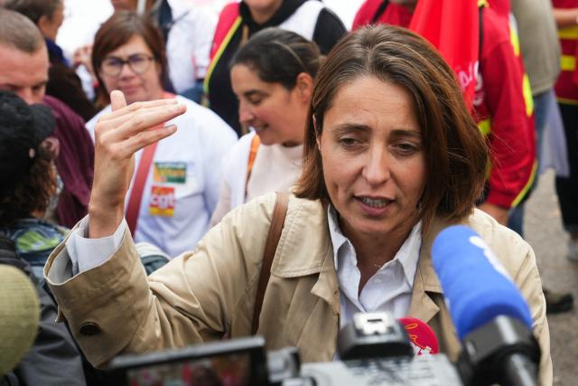 (FILES) French trade union General Confederation of Labour (CGT) secretary general Sophie Binet gestures as she talks to the journalist during a demonstration march called by CGT and asking for better working conditions in the health sector, in Paris, on October 9, 2025. The CGT will not participate in the November 4, 2025 launch of the government's "Work and Pensions" conference because the union is holding its National Confederal Committee (CCN) meeting that day with all its leaders, its general secretary, Sophie Binet, told AFP on October 31, 2025. (Photo by Dimitar DILKOFF / AFP)