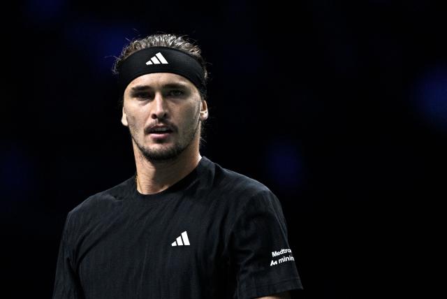 Germany's Alexander Zverev looks on as he plays against Russia's Daniil Medvedev during their men's singles quarter-final match on day five of the Paris ATP Masters 1000 tennis tournament at the Paris La Défense Arena in Nanterre, on the outskirts of Paris, on October 31, 2025. (Photo by JULIEN DE ROSA / AFP)