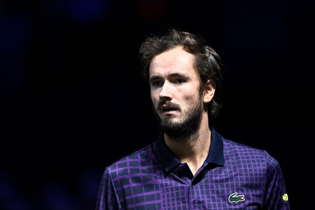 Russia's Daniil Medvedev looks on as he plays against Germany's Alexander Zverev during their men's singles quarter-final match on day five of the Paris ATP Masters 1000 tennis tournament at the Paris La Défense Arena in Nanterre, on the outskirts of Paris, on October 31, 2025. (Photo by JULIEN DE ROSA / AFP)