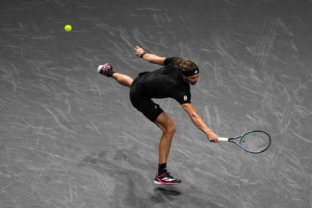 Germany's Alexander Zverev plays against Russia's Daniil Medvedev during their men's singles quarter-final match on day five of the Paris ATP Masters 1000 tennis tournament at the Paris La Défense Arena in Nanterre, on the outskirts of Paris, on October 31, 2025. (Photo by Dimitar DILKOFF / AFP)