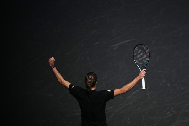 Germany's Alexander Zverev celebrates after winning against Russia's Daniil Medvedev at the end of their men's singles quarter-final match on day five of the Paris ATP Masters 1000 tennis tournament at the Paris La Défense Arena in Nanterre, on the outskirts of Paris, on October 31, 2025. (Photo by Dimitar DILKOFF / AFP)
