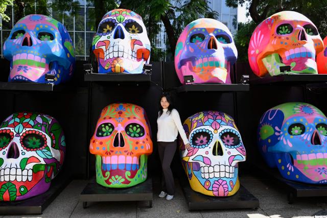 A tourist poses for a picture in front of a cardboard artwork of skulls ahead of the Day of the Dead celebration on Reforma Avenue in Mexico City on October 31, 2025. (Photo by Alfredo ESTRELLA / AFP)