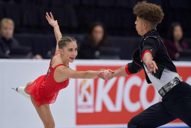 Oxana Vouillamoz and Tom Bouvart of Switzerland skate in the pairs competition during the ISU Grand Prix of Figure Skating 2025 Skate Canada International at the SaskTel Centre in Saskatoon, Saskatchewan, Canada on October 31, 2025. (Photo by Geoff Robins / AFP)