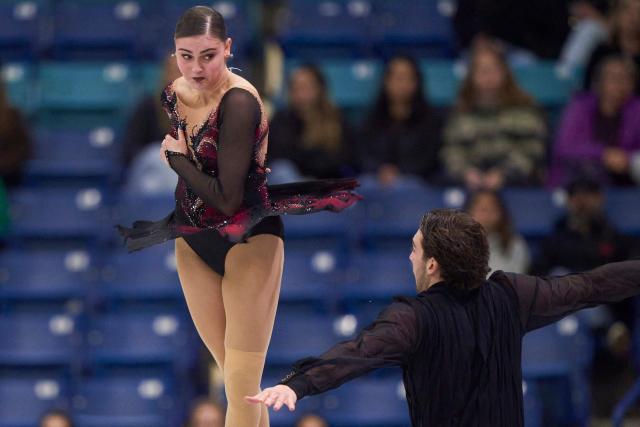Kelly Ann Laurin and Loucas Ethier of Canada skate in the pairs competition during the ISU Grand Prix of Figure Skating 2025 Skate Canada International at the SaskTel Centre in Saskatoon, Saskatchewan, Canada on October 31, 2025. (Photo by Geoff Robins / AFP)