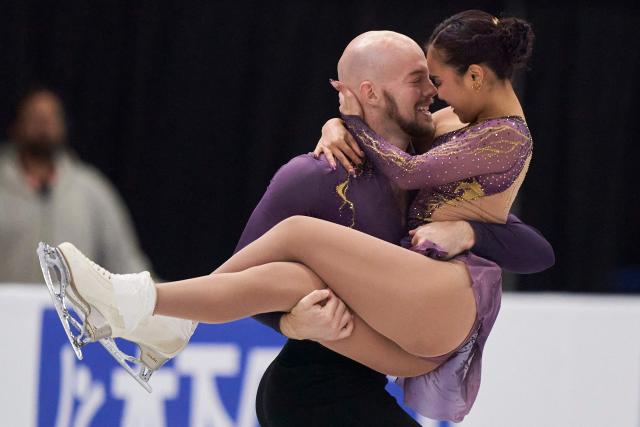 Ellie Kam and Danny O'Shea of the United States skate in the pairs competition during the ISU Grand Prix of Figure Skating 2025 Skate Canada International at the SaskTel Centre in Saskatoon, Saskatchewan, Canada on October 31, 2025. (Photo by Geoff Robins / AFP)