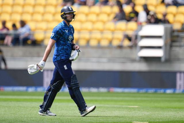 England Jamie Smith walks from the field after being caught with LBW during the 3rd ODI cricket match between New Zealand and England at Sky Stadium in Wellington on November 1, 2025. (Photo by Marty MELVILLE / AFP)