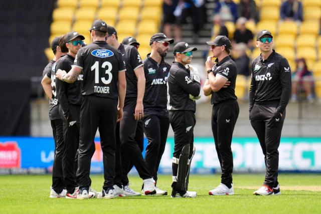 New Zealand players celebrate England Jamie Smith being caught with a LBW during the 3rd ODI cricket match between New Zealand and England at Sky Stadium in Wellington on November 1, 2025. (Photo by Marty MELVILLE / AFP)