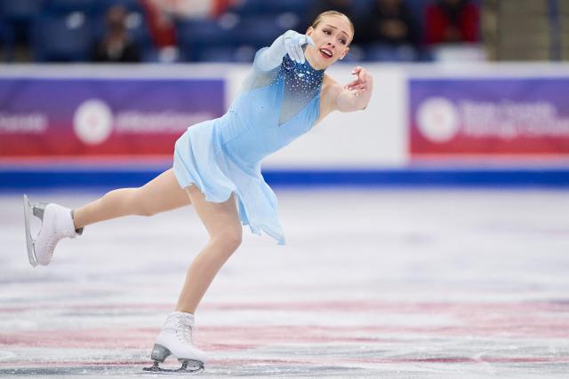 Bradie Tennell of the United States skates her short program in the women's competition during the ISU Grand Prix of Figure Skating 2025 Skate Canada International at the SaskTel Centre in Saskatoon, Saskatchewan, Canada on October 31, 2025. (Photo by Geoff Robins / AFP)