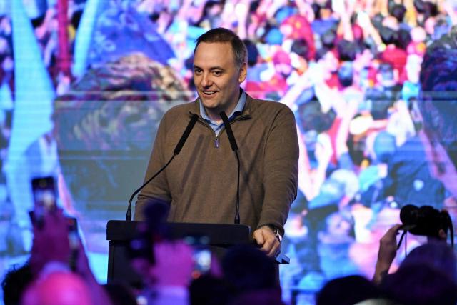 Spokesperson for the Presidency Manuel Adorni speaks at the ruling party's La Libertad Avanza headquarters following the results of the national midterm legislative election in Buenos Aires on October 26, 2025. Argentine President Javier Milei appointed his spokesperson Manuel Adorni as the new Cabinet Chief on October 31, and is planning further changes to his team as part of a relaunch of his administration following his victory in the midterm elections. (Photo by Luis ROBAYO / AFP)