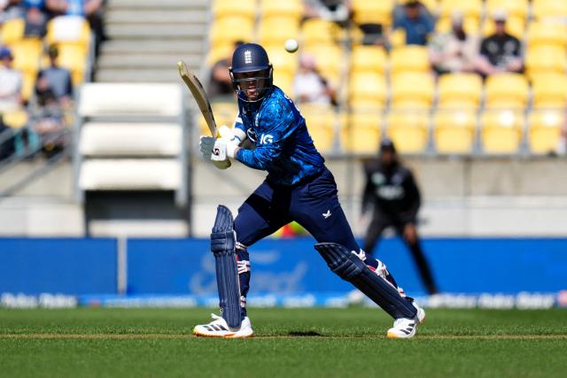 England Jamie Overton plays a shot during the 3rd ODI cricket match between New Zealand and England at Sky Stadium in Wellington on November 1, 2025. (Photo by Marty MELVILLE / AFP)