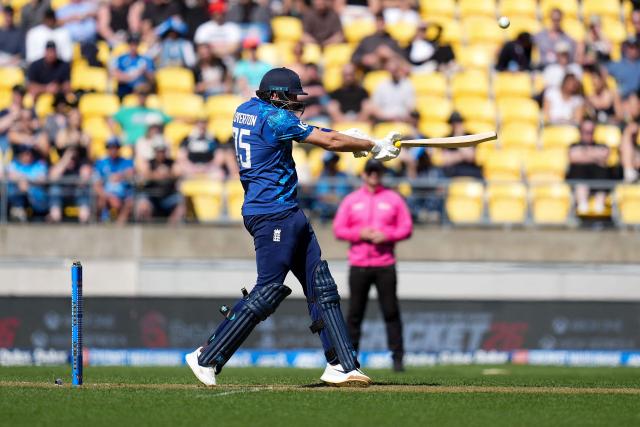 England Jamie Overton plays a shot during the 3rd ODI cricket match between New Zealand and England at Sky Stadium in Wellington on November 1, 2025. (Photo by Marty MELVILLE / AFP)