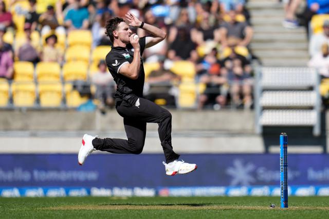 New Zealand Nathan Smith bowls during the 3rd ODI cricket match between New Zealand and England at Sky Stadium in Wellington on November 1, 2025. (Photo by Marty MELVILLE / AFP)