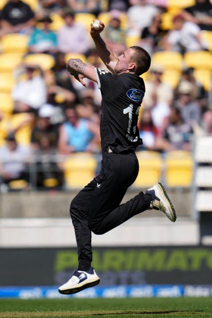 New Zealand Blair Tickner bowls during the 3rd ODI cricket match between New Zealand and England at Sky Stadium in Wellington on November 1, 2025. (Photo by Marty MELVILLE / AFP)