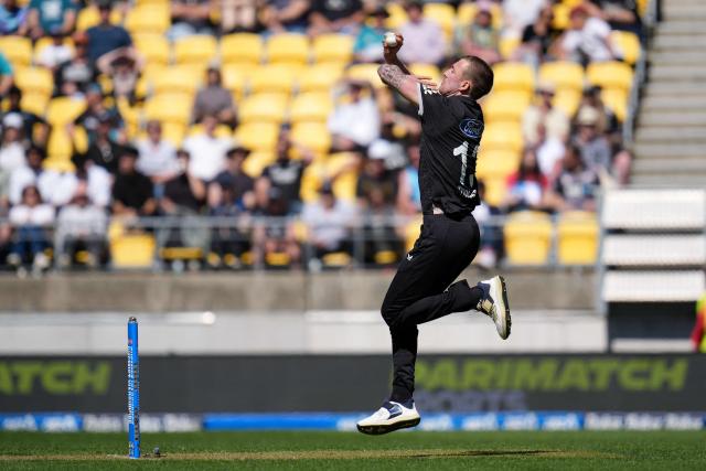 New Zealand Blair Tickner bowls during the 3rd ODI cricket match between New Zealand and England at Sky Stadium in Wellington on November 1, 2025. (Photo by Marty MELVILLE / AFP)