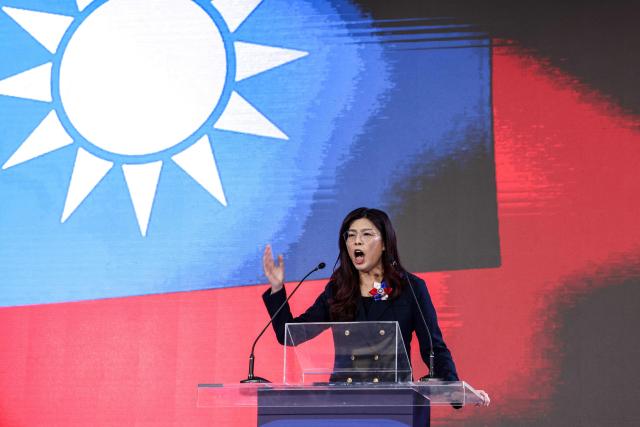 Newly elected opposition Kuomintang (KMT) leader Cheng Li-wun delivers her speech during the Kuomintang (KMT) 12th National Congress in Taipei on November 1, 2025 (Photo by I-Hwa Cheng / AFP)