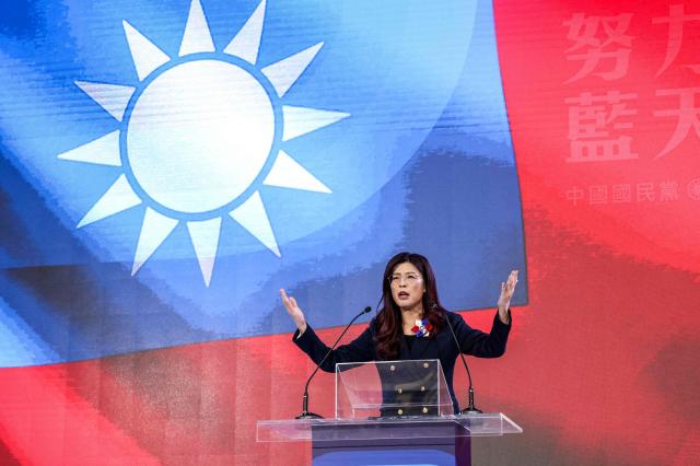 Newly elected opposition Kuomintang (KMT) leader Cheng Li-wun delivers her speech during the Kuomintang (KMT) 12th National Congress in Taipei on November 1, 2025 (Photo by I-Hwa Cheng / AFP)