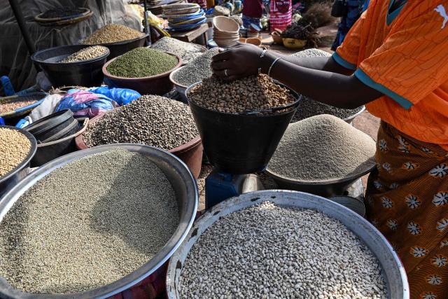 Goods are sold at a market in Tengrela, northern Ivory Coast near the Mali border, on October 31, 2025. (Photo by Issouf SANOGO / AFP)