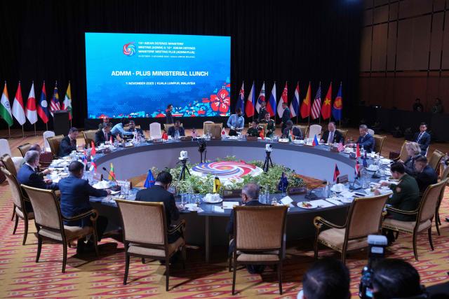 Ministers attend a ministerial lunch at the Association of Southeast Asian Nations (ASEAN) Defence Ministers' Meeting in Kuala Lumpur on November 1, 2025. (Photo by Dita ALANGKARA / POOL / AFP)