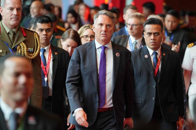 Australia's Defence Minister Richard Marles walks with his staff prior to a ministerial lunch at the Association of Southeast Asian Nations (ASEAN) Defence Ministers' Meeting in Kuala Lumpur on November 1, 2025. (Photo by Dita ALANGKARA / POOL / AFP)