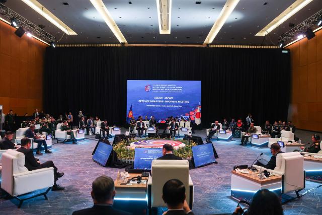 A general view shows ministers at the ASEAN-Japan Defence Ministers' Informal Meeting at the Association of Southeast Asian Nations (ASEAN) Defence Ministers' Meeting in Kuala Lumpur on November 1, 2025. (Photo by FAZRY ISMAIL / POOL / AFP)