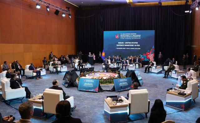A general view shows ministers at the ASEAN - United States Defence Ministers Hi-Tea at the Association of Southeast Asian Nations (ASEAN) Defence Ministers' Meeting in Kuala Lumpur on November 1, 2025. (Photo by Hasnoor Hussain / POOL / AFP)