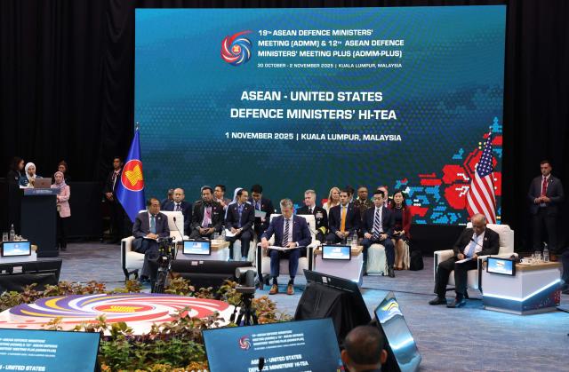 A general view shows ministers at the ASEAN - United States Defence Ministers Hi-Tea at the Association of Southeast Asian Nations (ASEAN) Defence Ministers' Meeting in Kuala Lumpur on November 1, 2025. (Photo by Hasnoor Hussain / POOL / AFP)