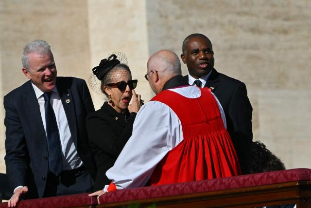 Britain's Justice Secretary and deputy Prime Minister David Lammy (R) arrives to attend the Solemnity of All Saints with the Rite of Proclamation of Saint John Henry Newman as a "Doctor of the Church" on the occasion of the Jubilee of the World Education on All Saints' Day at St. Peter's square, in The Vatican on November 1, 2025. (Photo by Andreas SOLARO / AFP)