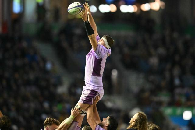 Scotland's lock Marshall Sykes wins line-out ball during the Autumn Nations Series international rugby union match between Scotland and USA at Murrayfield in Edinburgh on November 1, 2025. (Photo by ANDY BUCHANAN / AFP)