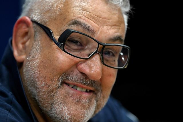 Clermont's French coach Christophe Urios reacts as he delivers remarks during a press conference after the French Top 14 rugby union match between Montpellier Herault Rugby and ASM Clermont Auvergne at the Septeo Stadium in Montpellier, southern France on November 1, 2025. (Photo by GABRIEL BOUYS / AFP)