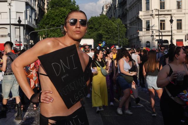 A reveller takes part in the 34th Pride Parade in Buenos Aires on November 1, 2025. (Photo by Alejandro PAGNI / AFP)