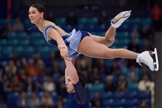 Oxana Vouillamoz and Tom Bouvart of Switzerland skate their free program in the pairs competition during the ISU Grand Prix of Figure Skating 2025 Skate Canada International at the SaskTel Centre in Saskatoon, Saskatchewan, Canada on November 1, 2025. (Photo by Geoff Robins / AFP)