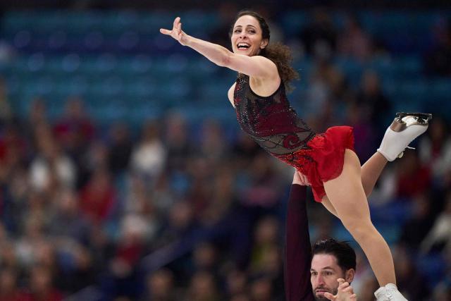 Deanna Stellato-Dudek and Maxime Deschamps of Canada skate their free program in the pairs competition during the ISU Grand Prix of Figure Skating 2025 Skate Canada International at the SaskTel Centre in Saskatoon, Saskatchewan, Canada on November 1, 2025. (Photo by Geoff Robins / AFP)