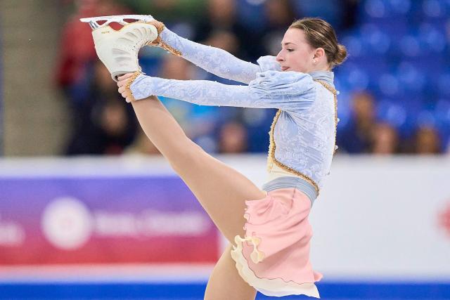 Sarah Everhardt of the United States skates her free program in the women’s competition during the ISU Grand Prix of Figure Skating 2025 Skate Canada International at the SaskTel Centre in Saskatoon, Saskatchewan, Canada on November 1, 2025. (Photo by Geoff Robins / AFP)