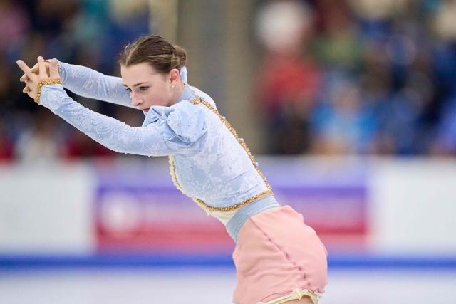Sarah Everhardt of the United States skates her free program in the women’s competition during the ISU Grand Prix of Figure Skating 2025 Skate Canada International at the SaskTel Centre in Saskatoon, Saskatchewan, Canada on November 1, 2025. (Photo by Geoff Robins / AFP)
